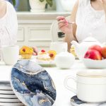“Navy Blue Marble Abstract Ceramic Coaster Set with Holder – Decorative and Absorbent Drink Coasters”