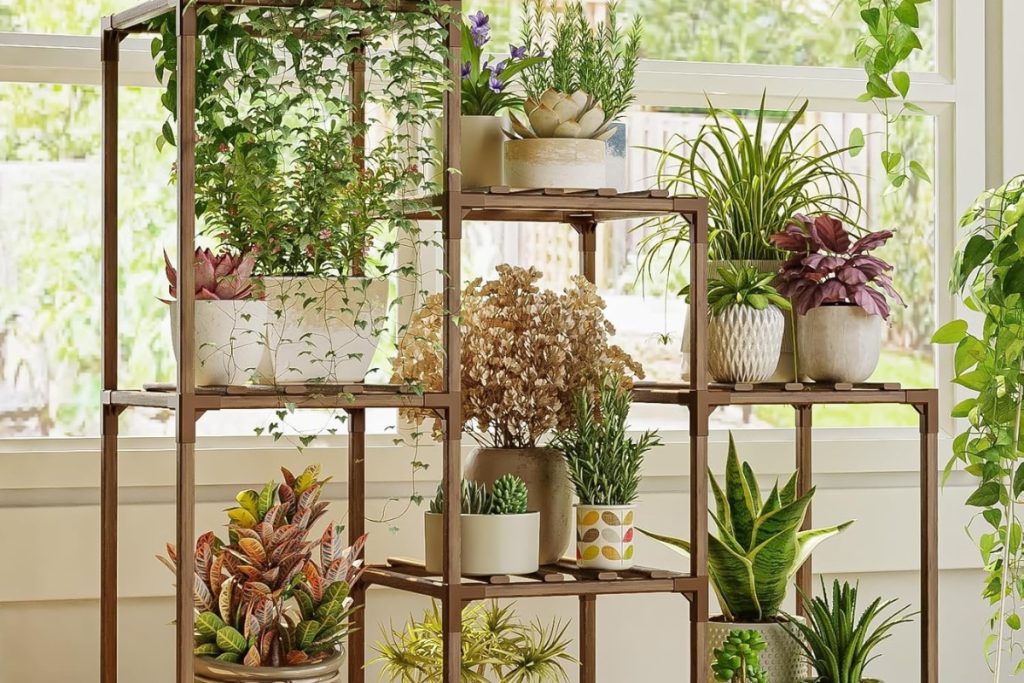 Bamworld Wooden 3-Tier Plant Stand for Indoor and Outdoor Use with Boho Design