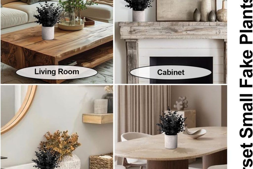 "Black fake eucalyptus potted plants on shelf – Halloween home decor idea"