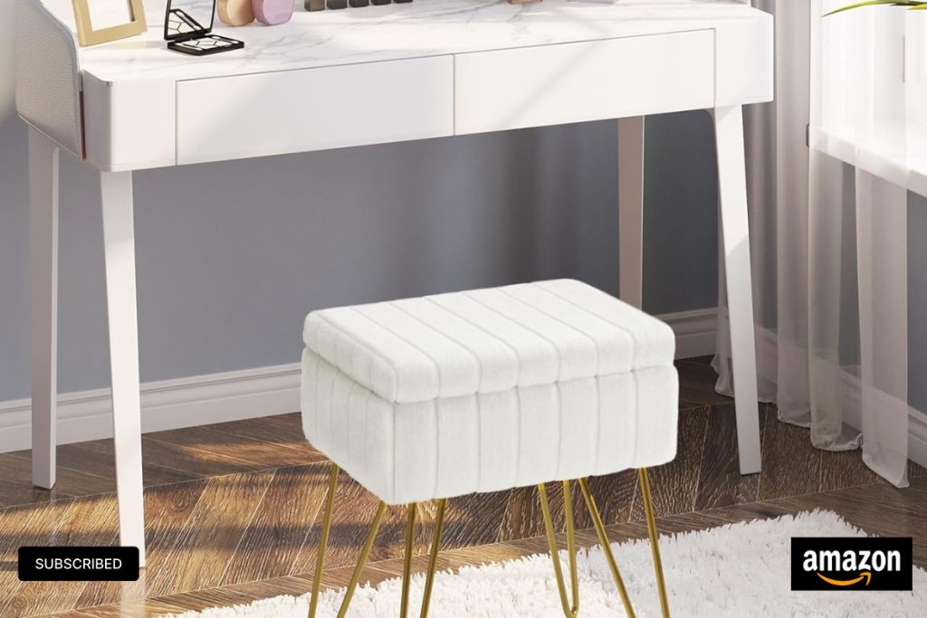 Greenstell Vanity Stool Faux Fur with Storage in White – Stylish Ottoman with Anti-Slip Metal Legs for Makeup Room or Bedroom