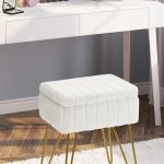 Greenstell Vanity Stool Faux Fur with Storage in White – Stylish Ottoman with Anti-Slip Metal Legs for Makeup Room or Bedroom