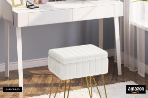 Greenstell Vanity Stool Faux Fur with Storage in White – Stylish Ottoman with Anti-Slip Metal Legs for Makeup Room or Bedroom