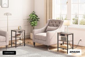Greige HOOBRO 3-Tier End Table with Built-In Charging Station – Ideal for Small Rooms