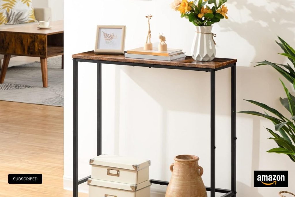 "HOOBRO narrow console table in rustic brown and black, 29.5-inch slim design for hallways and small spaces"