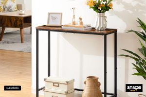 "HOOBRO narrow console table in rustic brown and black, 29.5-inch slim design for hallways and small spaces"