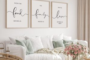 Set of 3 brown framed farmhouse wall signs reading “Bless the food before us” – perfect rustic kitchen decor