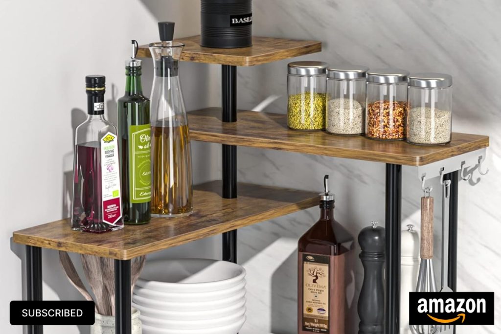 "JayRex 3-tier rustic brown countertop corner organizer used in kitchen and bathroom"