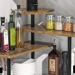 "JayRex 3-tier rustic brown countertop corner organizer used in kitchen and bathroom"