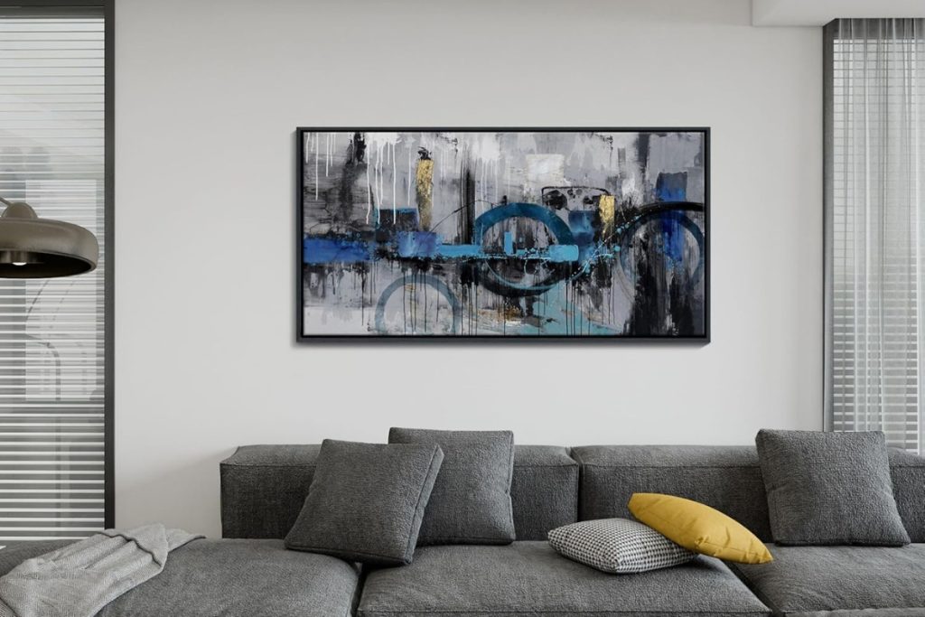 KLAKLA Blue and Gray Abstract Wall Art – Gold City Scene with Black Frame for Modern Living Room or Bedroom Decor