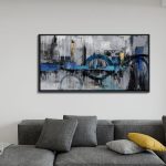 KLAKLA Blue and Gray Abstract Wall Art – Gold City Scene with Black Frame for Modern Living Room or Bedroom Decor