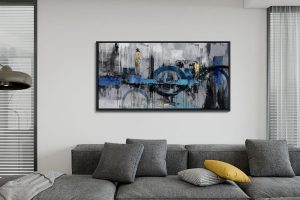 KLAKLA Blue and Gray Abstract Wall Art – Gold City Scene with Black Frame for Modern Living Room or Bedroom Decor