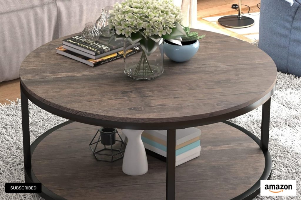 "NSdirect 36 inch round coffee table in light walnut with 2-tier rustic wood design and storage shelf"
