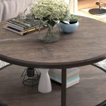 "NSdirect 36 inch round coffee table in light walnut with 2-tier rustic wood design and storage shelf"