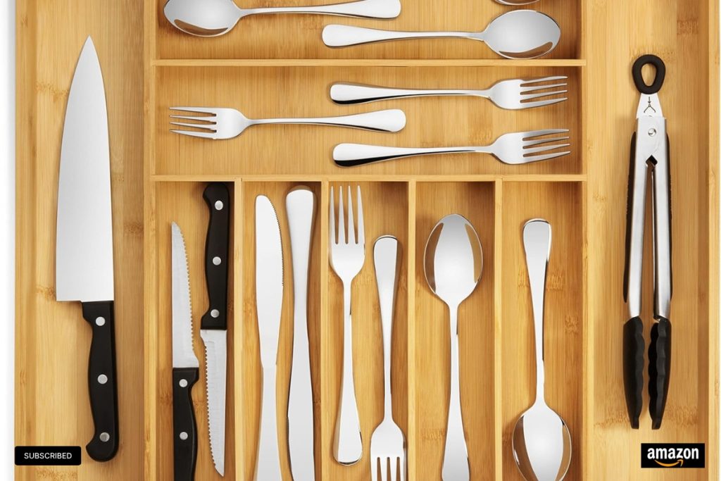 Purawood bamboo drawer organizer with 7-9 slots for utensils and flatware