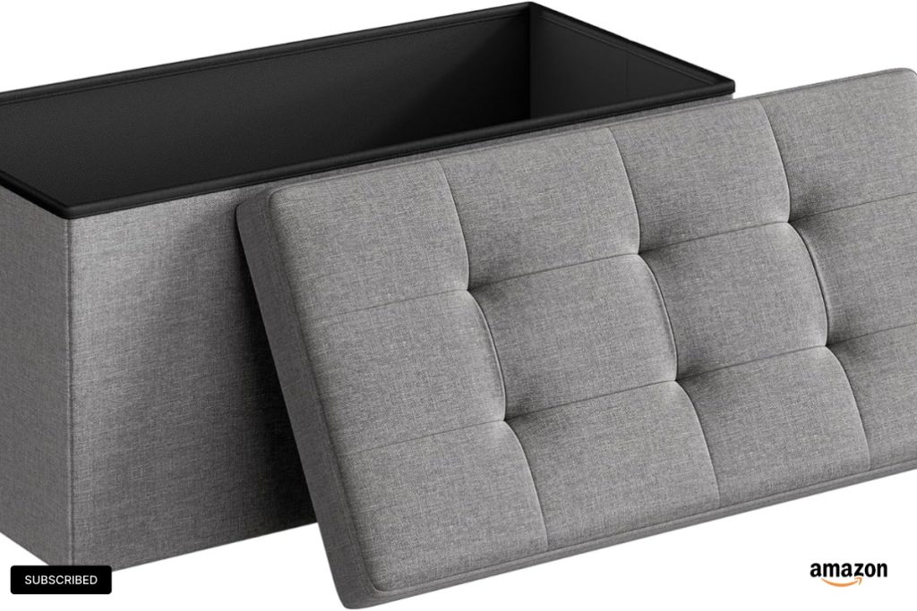 “SONGMICS MAZIE 30 Inch Light Gray Ottoman Bench – Foldable Storage Chest for Living Room or Bedroom”