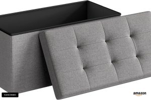 “SONGMICS MAZIE 30 Inch Light Gray Ottoman Bench – Foldable Storage Chest for Living Room or Bedroom”
