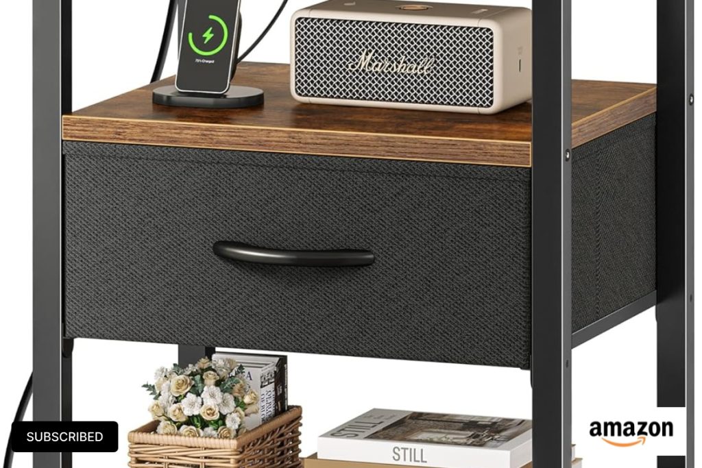 “SUPERJARE rustic nightstand with drawers and charging station in bedroom”