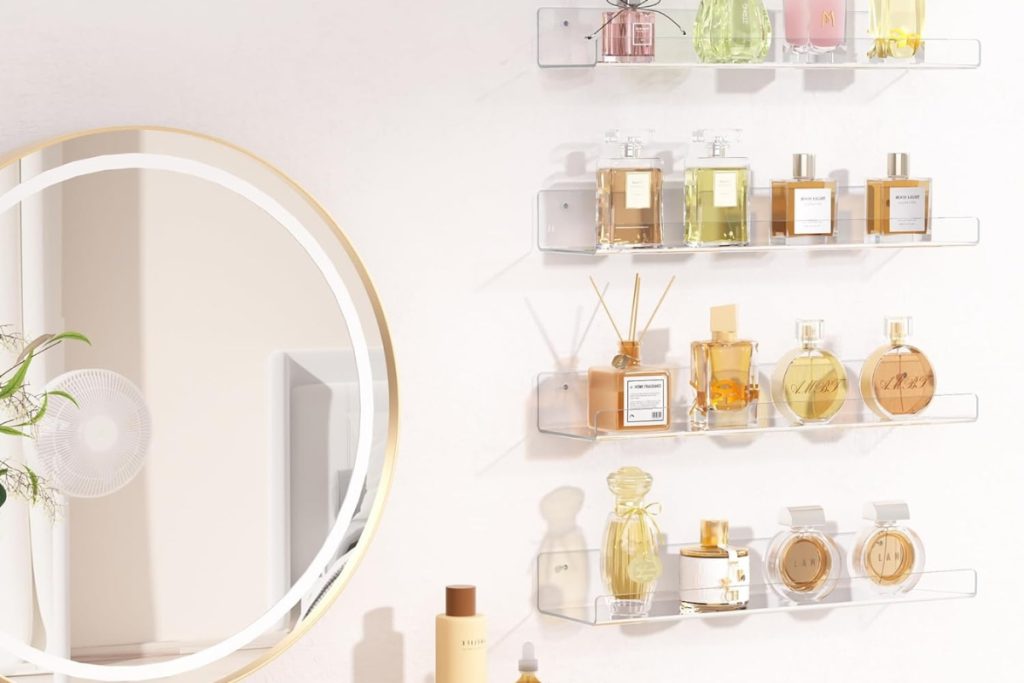 Clear acrylic floating wall shelves by upsimples – pack of 4, 15-inch display organizers for versatile home storage.