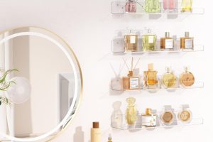 Clear acrylic floating wall shelves by upsimples – pack of 4, 15-inch display organizers for versatile home storage.