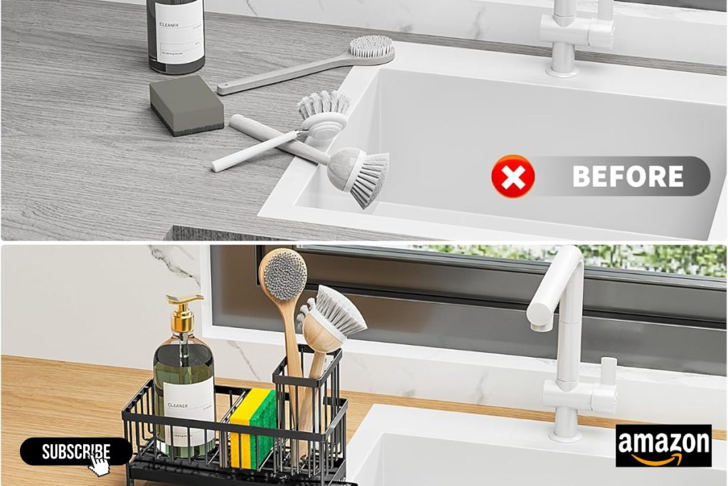 Cisily Black Sponge Holder with Brush and Soap Dispenser Organizer on Kitchen Sink