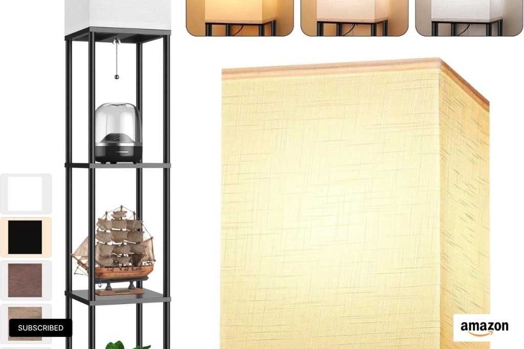 Modern floor lamp with white linen shade and 3-tier storage shelves, perfect for living rooms or bedrooms.