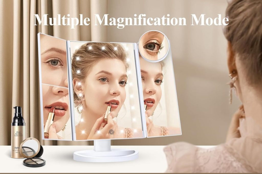 HUONUL Makeup Vanity Mirror with Lights – Trifold Design, 2X/3X/10X Magnification, Touch Control