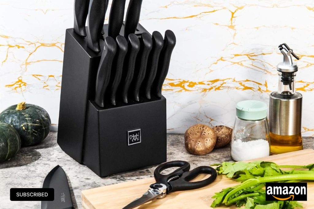 HUNTER.DUAL 15-piece kitchen knife set with self-sharpening block and anti-slip handles – sleek black design