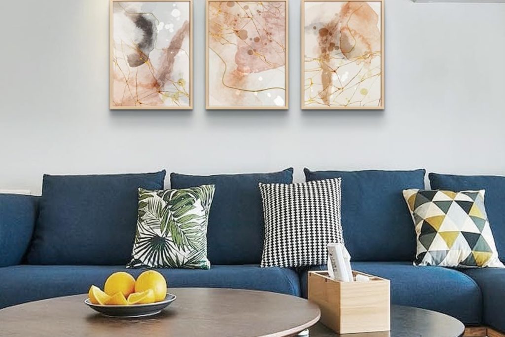 MHARTK66 Boho Abstract Wall Art 3-Piece Set Framed in Natural Wood for Living Room, Bedroom, or Office Decor