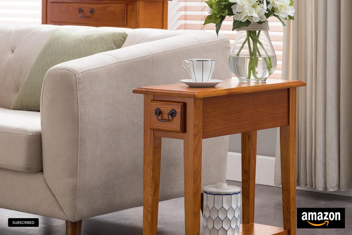 Leick Home 9017-MED Medium Oak Narrow Side Table with Drawer and Shelf