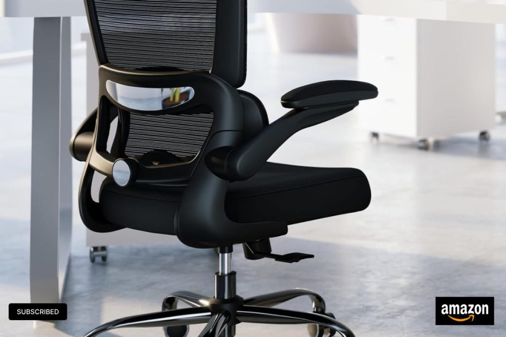 "Black ergonomic office chair with adjustable lumbar support and breathable mesh back – perfect for home offices."