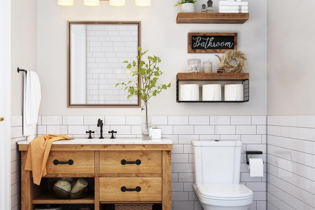 Rustic QEEIG bathroom shelves over toilet with paper storage and farmhouse decor style