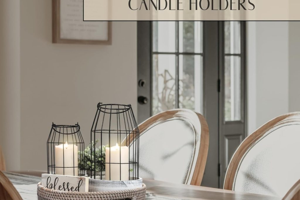 Rustic farmhouse lantern decor set of 2 on a fireplace mantle and kitchen table