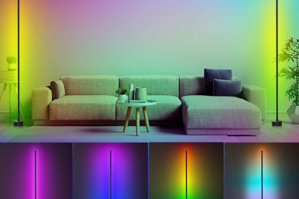 "Modern RGB LED corner floor lamp with multicolor lighting and remote control"