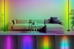 "Modern RGB LED corner floor lamp with multicolor lighting and remote control"