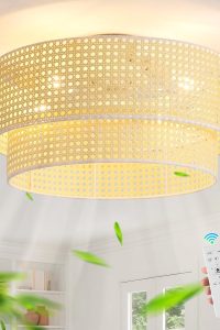 "20-inch flush mount boho caged ceiling fan with rattan design, built-in light, reversible 6-speed motor, and remote control – ideal for bedroom or living room"