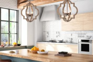 22-inch oak modern farmhouse chandelier with distressed wood orb frame and 4-light candelabra design, ideal for dining room, kitchen island, or entryway