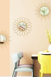 Set of 3 decorative gold metal wall mirrors in flower and sunburst designs, perfect for living room, bedroom, or entryway wall decor.