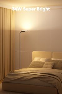 "Modern brown 36W LED torchiere floor lamp with rotating head and remote"