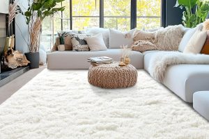 Ultra soft 5x7ft cream white fluffy area rug in modern shaggy style, perfect for living room, bedroom, dorm, or nursery – non-slip and durable design for cozy home decor.