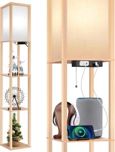 "OUTON wood floor lamp with built-in shelves and LED lighting"