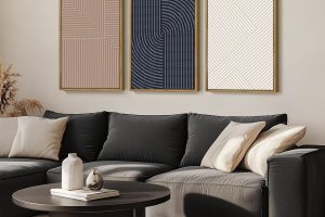 Extra large boho wall art set of 3 with black neutral minimalist line designs for modern living room.