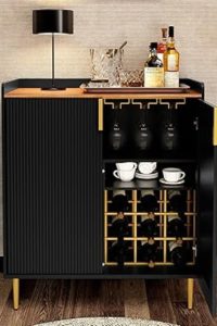 ARTPOWER modern black buffet cabinet with fluted texture, built-in wine rack, drawers, and storage for use as a coffee bar or liquor cabinet