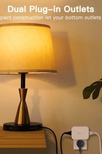 Treatlife Alexa smart dimmer plug with dual outlets, 300W max power, 2.4GHz WiFi, works with dimmable LED, CFL, halogen & incandescent bulbs.
