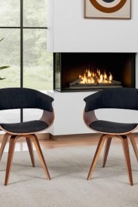 Armen Living Summer Mid-Century Dining Accent Chair – Charcoal Fabric Seat with Walnut Wood Finish for Kitchen, Table, Desk, or Vanity Use