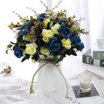 Navy blue artificial flowers in modern vase – faux floral arrangement for table centerpiece and home decor