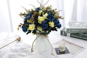 Navy blue artificial flowers in modern vase – faux floral arrangement for table centerpiece and home decor