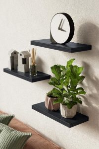 BAYKA Set of 3 Black Floating Rustic Wood Wall Shelves – 15.7in Shelves for Bathroom, Bedroom, Kitchen, or Living Room Storage & Decor