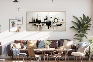 Modern black and white abstract geometric line art on framed 20"x40" canvas – minimalist wall decor for living room, bedroom, or office