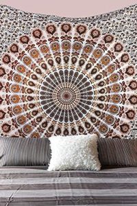"Handmade Indian mandala tapestry in orange brown, queen size""Bohemian peacock wall hanging for dorm, bedroom, or beach throw"
"Psychedelic mandala design tapestry used as bedding or tablecloth"
