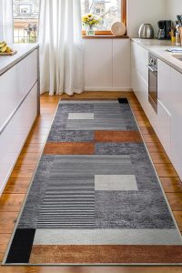 Bloom Rugs washable 7 ft runner in modern geometric pattern, charcoal gray and burnt orange, non-slip backing, ideal for hallway or kitchen